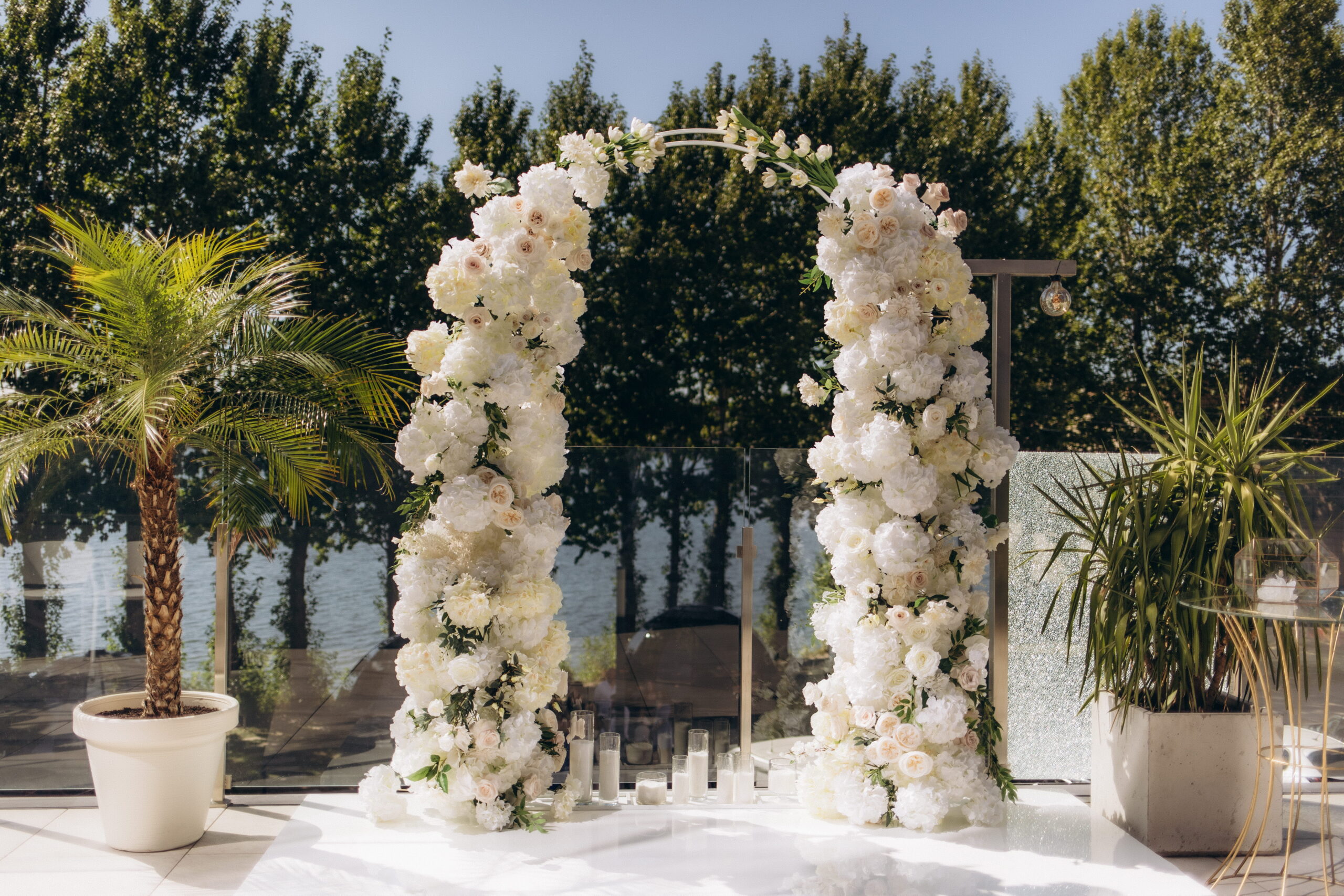 Ceremony arch rental in Las Vegas backyard wedding